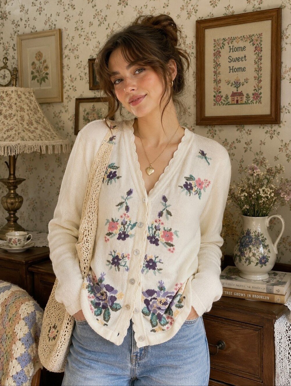 Vintage Tanjay Floral Cardigan Size M Sweater Mother Of Pearl Buttons
